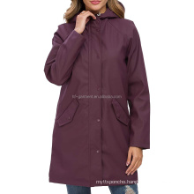 Custom good quality polyurethan fashion long rain jacket waterproof hooded faux leather raincoat for women